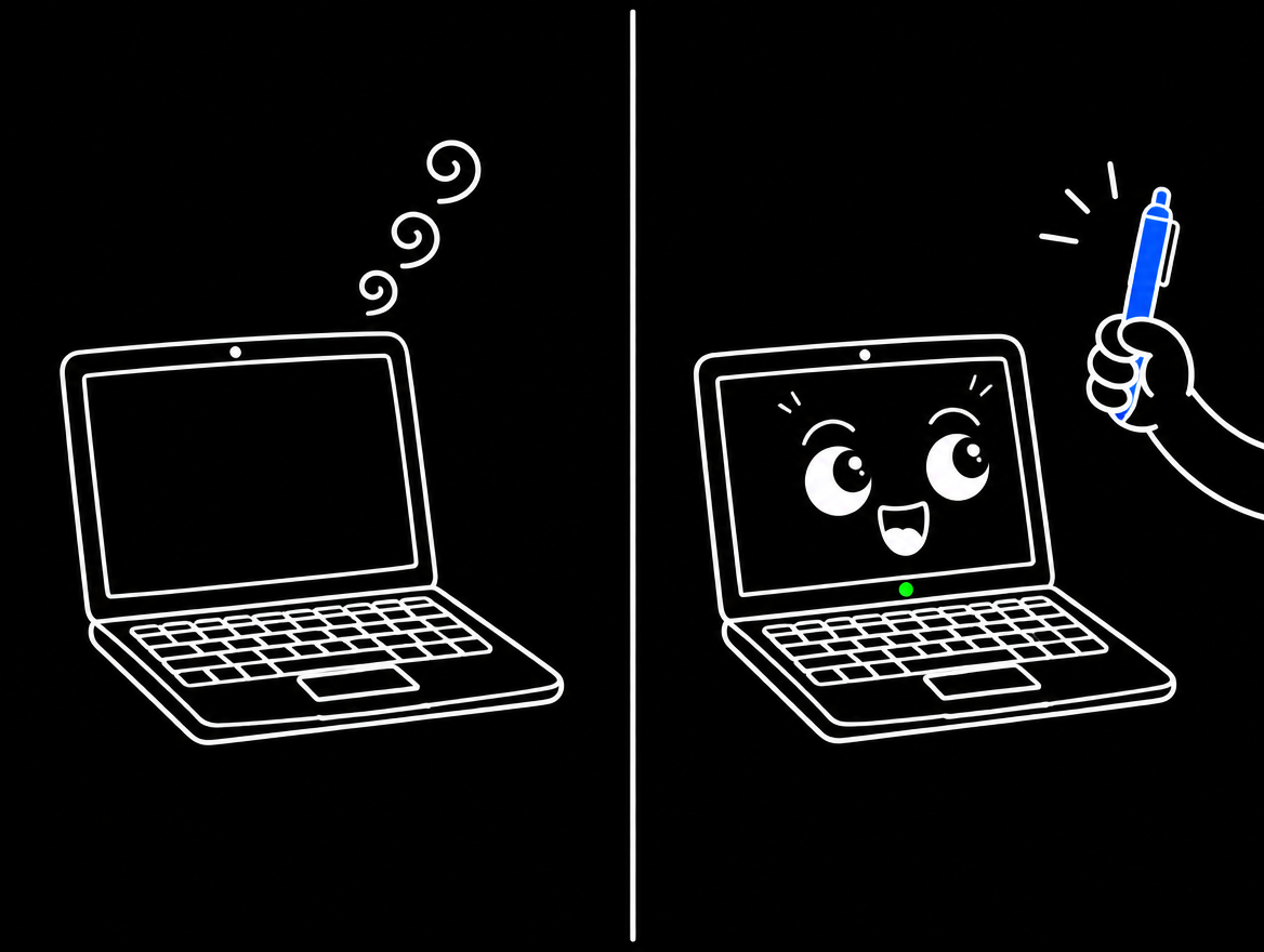 眠っているノートパソコンと、青いペンを見て目を覚ましたノートパソコンを並べた線画